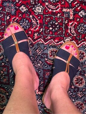 Dark Blue/Black Slip-On Sandals with Brown Trim - Women - 7 - Italian